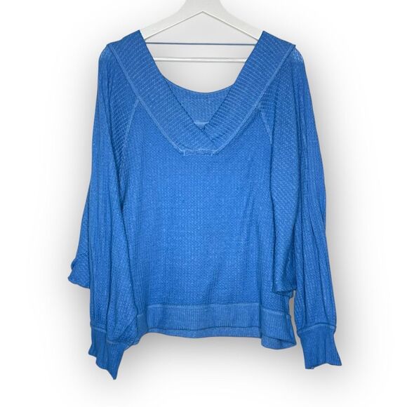 Free People We The Free Westend Thermal Top Blue Oversize Drop Shoulder Medium - Picture 2 of 14